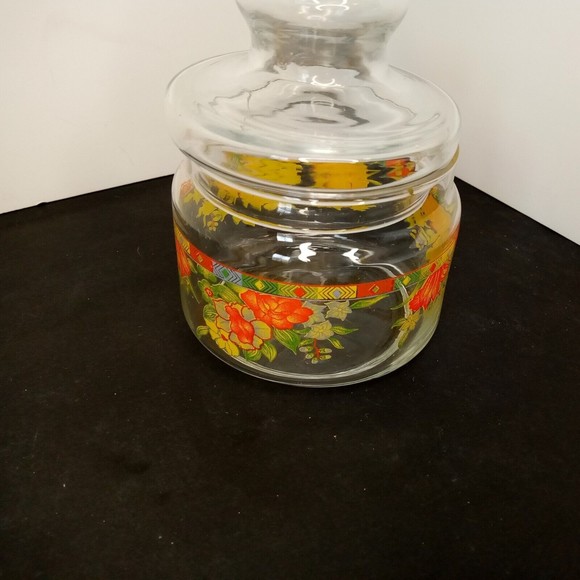 Vintage Clear Round‎ orange yellow Floral Container w/  Lid 4" wide 6" tall - Picture 15 of 15